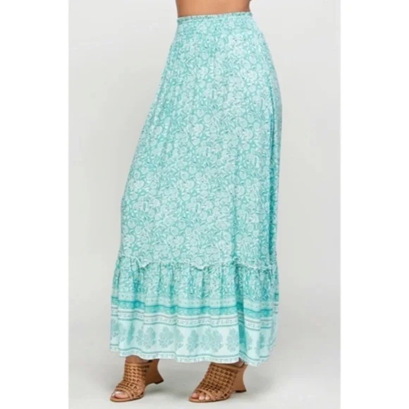 Green Tea Floral Gypsy Boho Bohemian Border Full Length Ruffle Casual Maxi Skirt - Picture 3 of 3